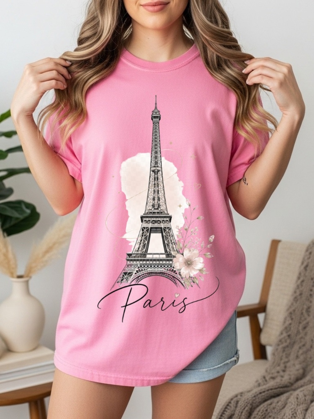 Comfort Colors Pink Paris Eiffel Tower Graphic Tee